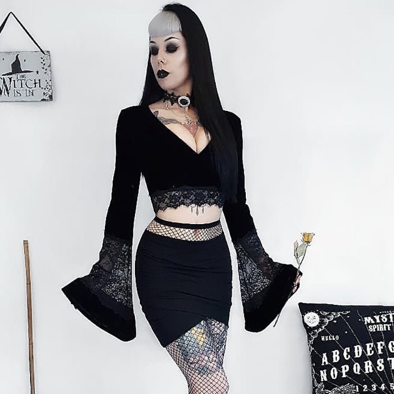 Chandra Velvet - The Nevermore Gothic Tank See - through Long - sleeved Top Long - sleeved Cropped Lace – Unique Gothic Fashion for Women by Nevermore Lifestyle & Tech | L Black