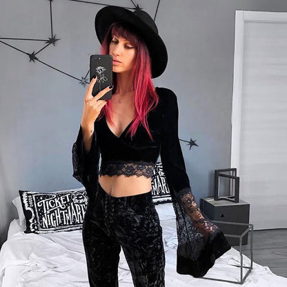 Chandra Velvet - The Nevermore Gothic Tank See - through Long - sleeved Top Long - sleeved Cropped Lace – Unique Gothic Fashion for Women by Nevermore Lifestyle & Tech | L Black