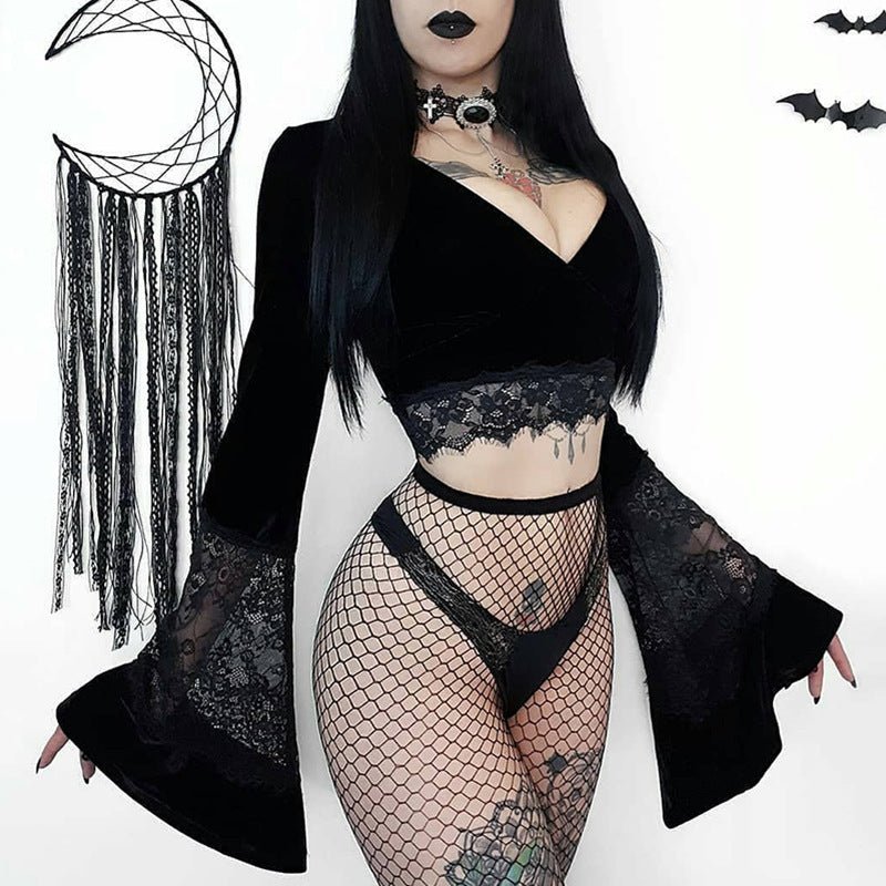 Chandra Velvet - The Nevermore Gothic Tank See - through Long - sleeved Top Long - sleeved Cropped Lace – Unique Gothic Fashion for Women by Nevermore Lifestyle & Tech | L Black