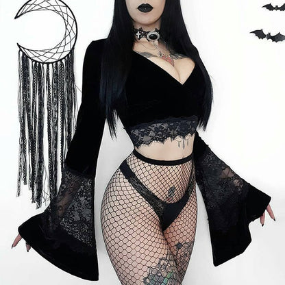 Chandra Velvet - The Nevermore Gothic Tank See - through Long - sleeved Top Long - sleeved Cropped Lace – Unique Gothic Fashion for Women by Nevermore Lifestyle & Tech | L Black