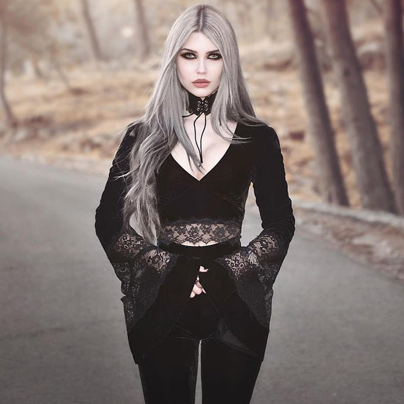 Chandra Velvet - The Nevermore Gothic Tank See - through Long - sleeved Top Long - sleeved Cropped Lace – Unique Gothic Fashion for Women by Nevermore Lifestyle & Tech | L Black