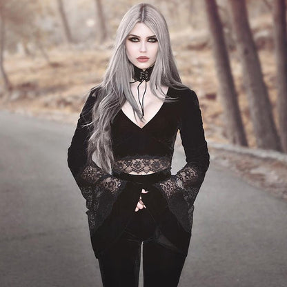 Chandra Velvet - The Nevermore Gothic Tank See - through Long - sleeved Top Long - sleeved Cropped Lace – Unique Gothic Fashion for Women by Nevermore Lifestyle & Tech | L Black
