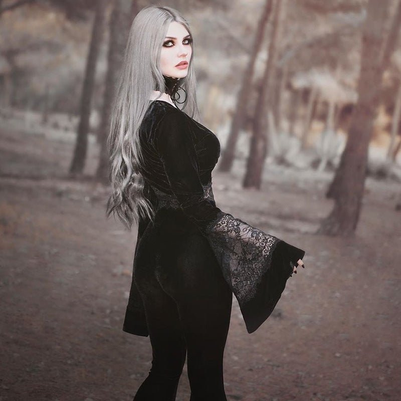 Chandra Velvet - The Nevermore Gothic Tank See - through Long - sleeved Top Long - sleeved Cropped Lace – Unique Gothic Fashion for Women by Nevermore Lifestyle & Tech | L Black