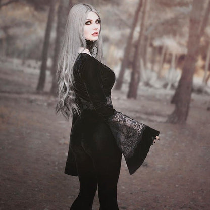 Chandra Velvet - The Nevermore Gothic Tank See - through Long - sleeved Top Long - sleeved Cropped Lace – Unique Gothic Fashion for Women by Nevermore Lifestyle & Tech | L Black