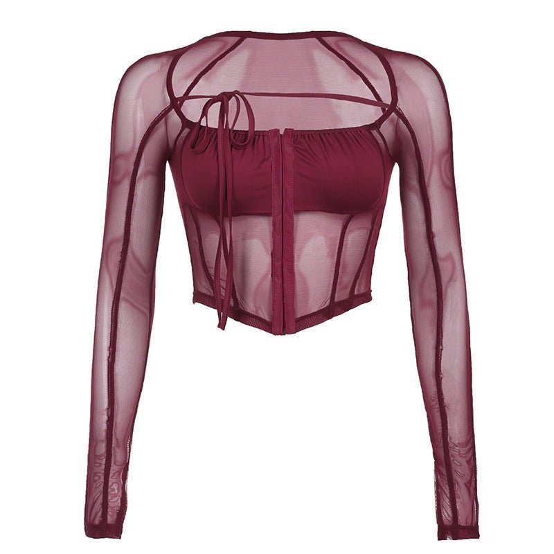 Charisma - The Nevermore Tank Mesh T-Shirt for Women Square - neck Long Sleeve Short Top – Unique Women's Fashion by Nevermore Lifestyle & Tech | L Red