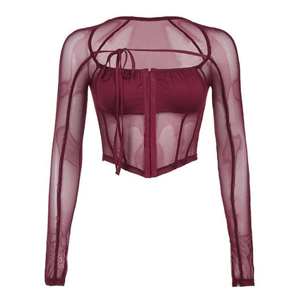 Charisma - The Nevermore Tank Mesh T-Shirt for Women Square - neck Long Sleeve Short Top – Unique Women's Fashion by Nevermore Lifestyle & Tech | L Red