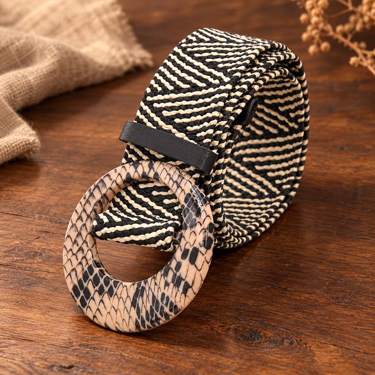 Chesingard – Woven Boho Belt for Women by The Nevermore – Unique Boho Style by The Nevermore | Angular patterned buckle Black and Cream Striped