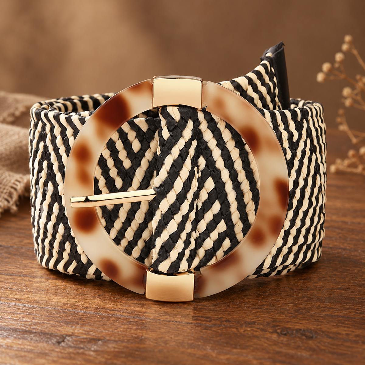 Chesingard – Woven Boho Belt for Women by The Nevermore – Unique Boho Style by The Nevermore | Round pin buckle Black and Cream Striped