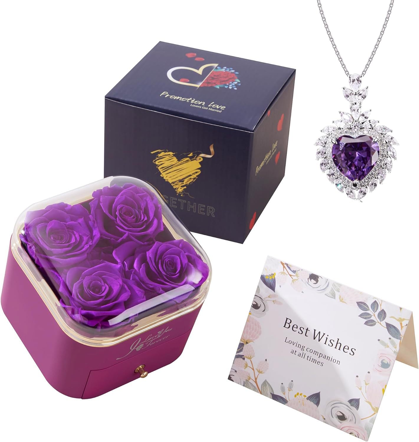 Clara Whitman – Rose Jewelry Gift Box by The Nevermore – Unique Jewelry by Nevermore Lifestyle & Tech | 110X110x95MM 4 Flowers Purple Necklace