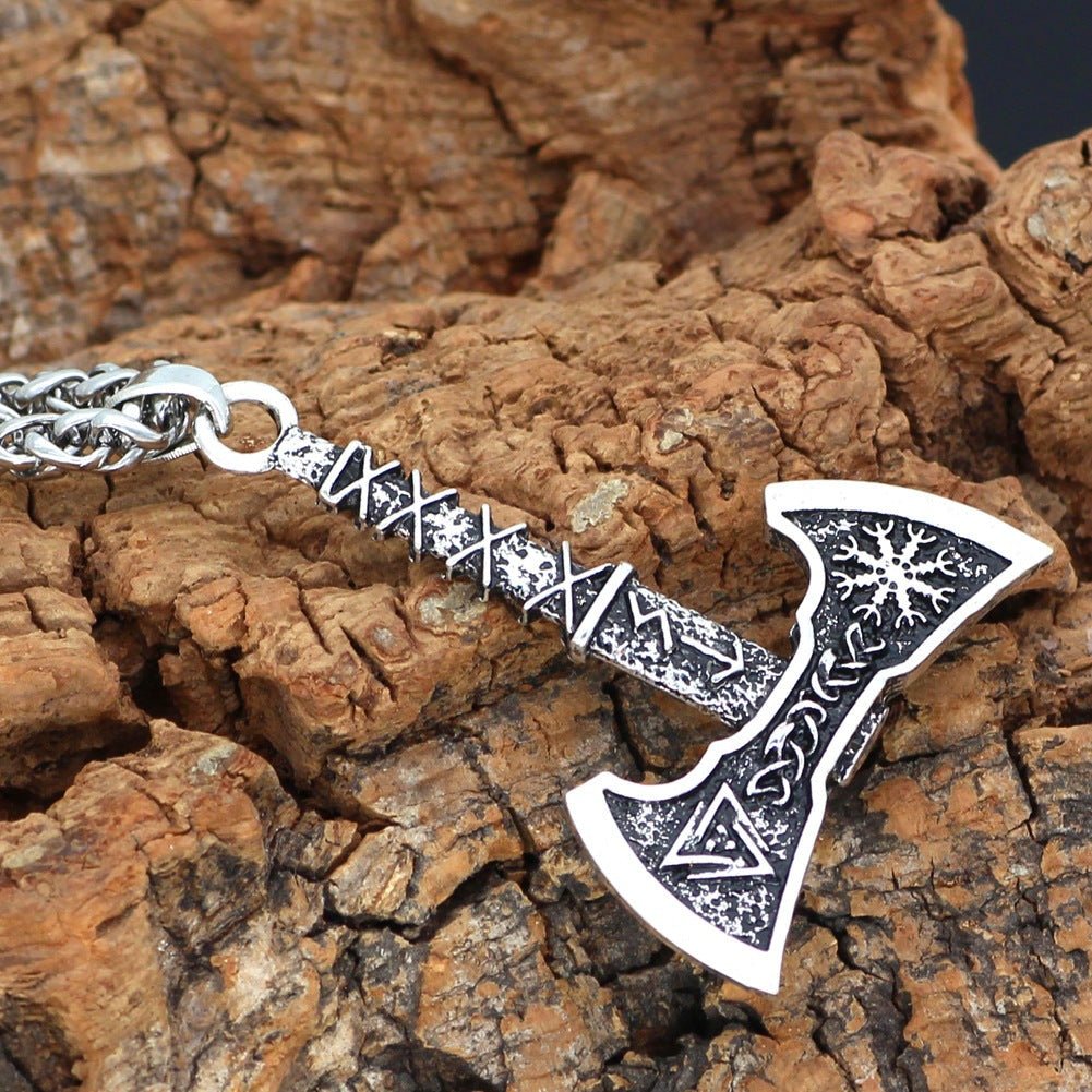 Compass Triangle Double Axe - Viking Pendant by The Nevermore – Unique Gothic Pendants by Nevermore Lifestyle & Tech | H5 Ancient Silver Chain