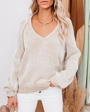 Cozy Horizon - Knitted V - Neck Women Pullover by The Nevermore – Unique Blouses by Nevermore Lifestyle & Tech | L Apricot