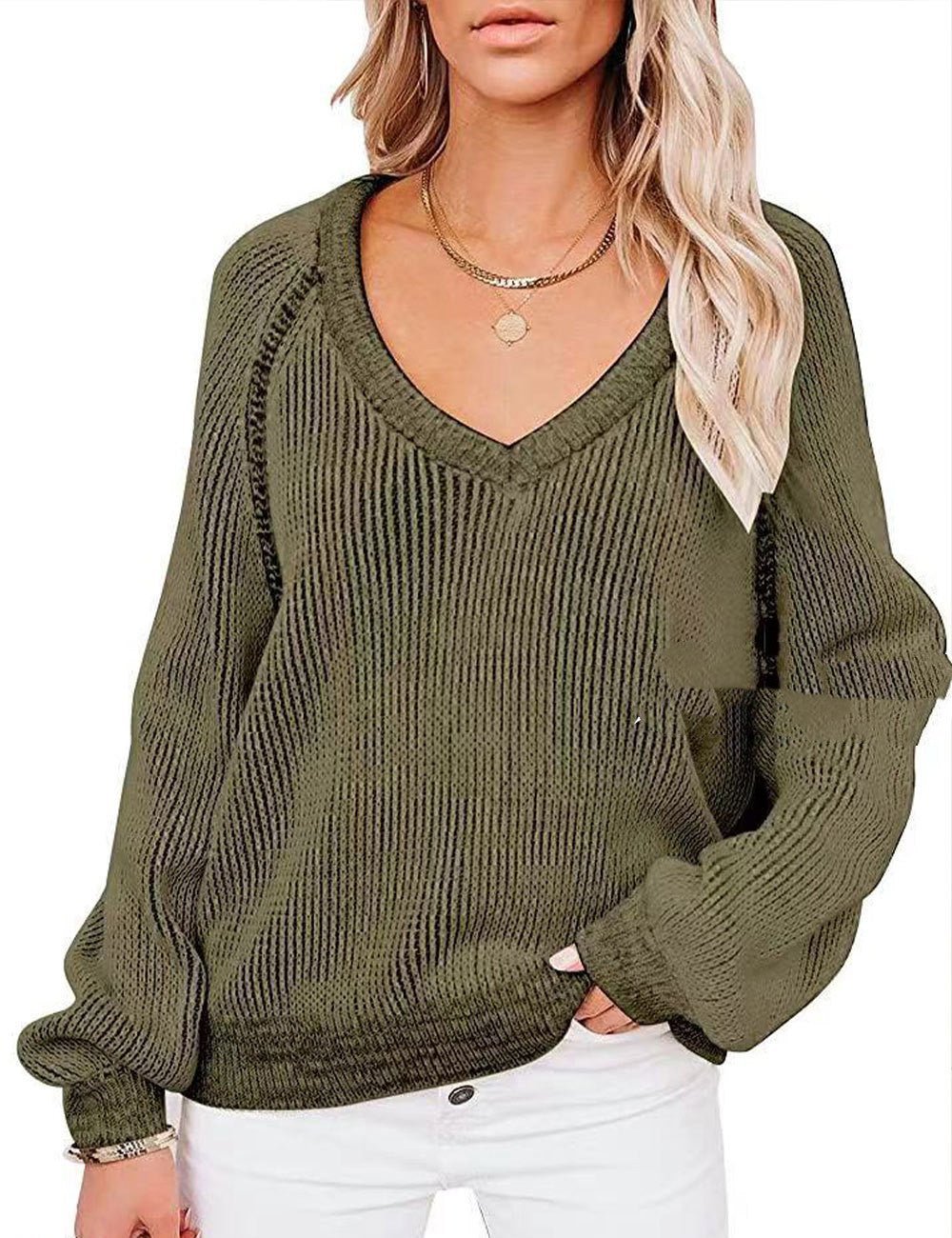 Cozy Horizon - Knitted V - Neck Women Pullover by The Nevermore – Unique Blouses by Nevermore Lifestyle & Tech | L Army Green