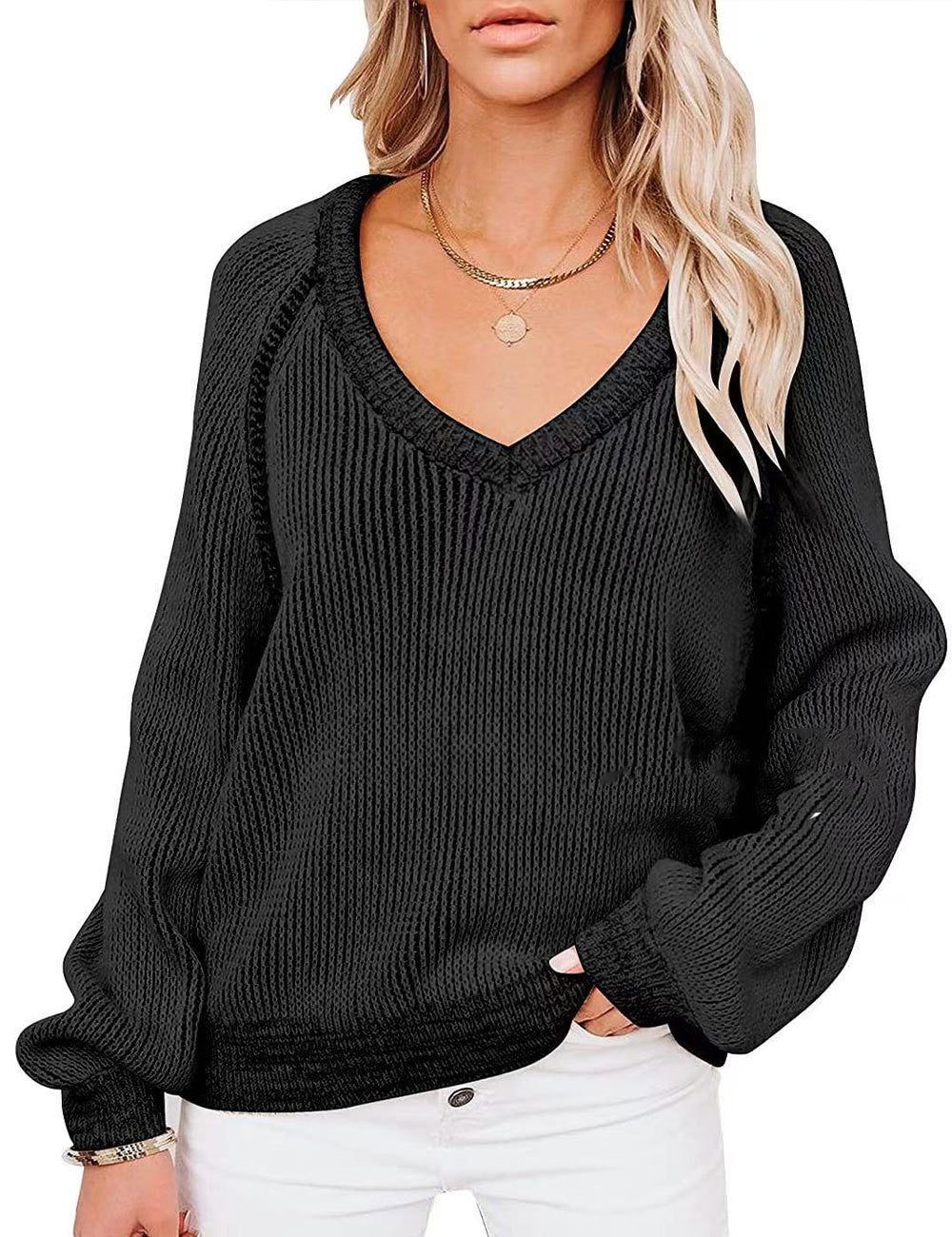 Cozy Horizon - Knitted V - Neck Women Pullover by The Nevermore – Unique Blouses by Nevermore Lifestyle & Tech | L Black