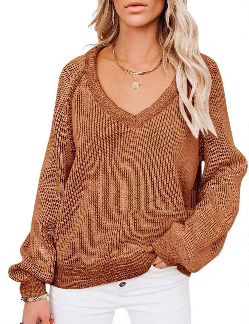 Cozy Horizon - Knitted V - Neck Women Pullover by The Nevermore – Unique Blouses by Nevermore Lifestyle & Tech | L Coffee