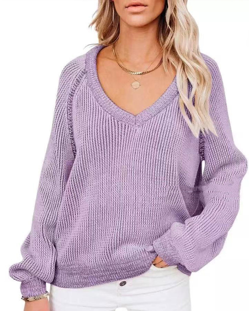 Cozy Horizon - Knitted V - Neck Women Pullover by The Nevermore – Unique Blouses by Nevermore Lifestyle & Tech | L Purple