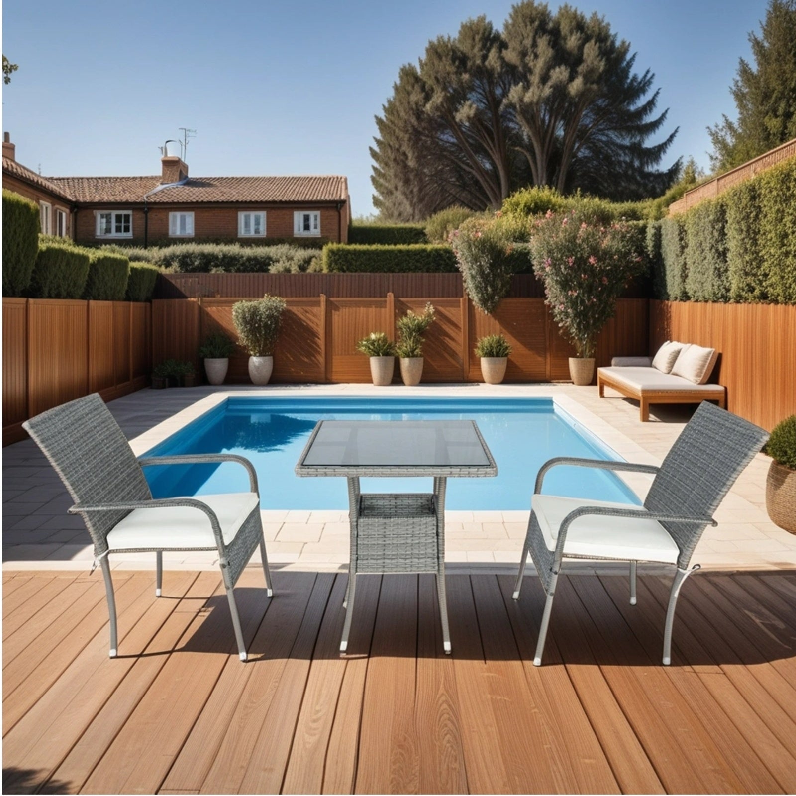 3 Piece Patio Wicker Conversation Set Grey Wicker White Cushion