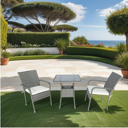 3 Piece Patio Wicker Conversation Set Grey Wicker White Cushion