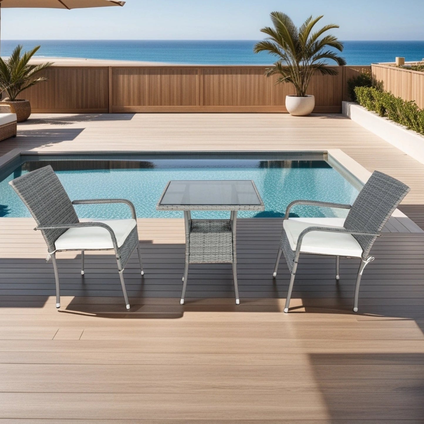 3 Piece Patio Wicker Conversation Set Grey Wicker White Cushion