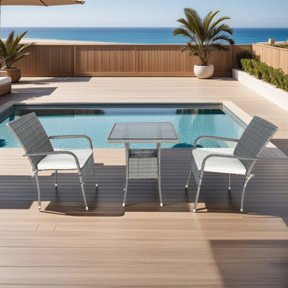 3 Piece Patio Wicker Conversation Set Grey Wicker White Cushion