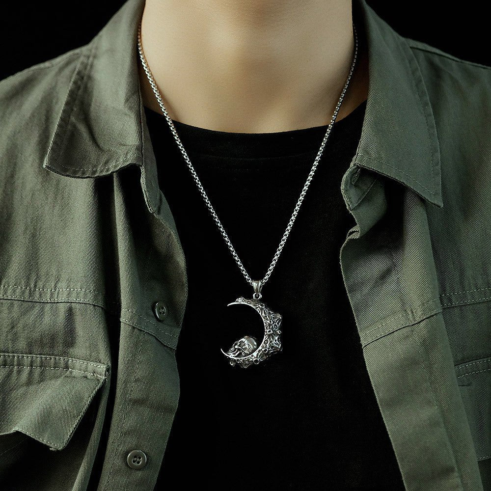 Crescent Moon Skull Gothic Pendant Necklace by The Nevermore