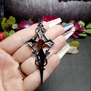Crimson Cross gothic red stone pendant – black