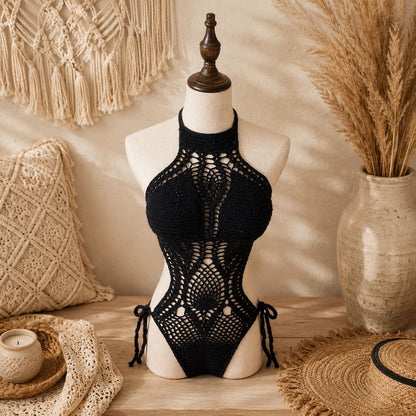 Crochet Cutout One-Piece Swimsuit - Sea Whisper by The Nevermore – Unique Swimsuits for Women by The Nevermore | L black