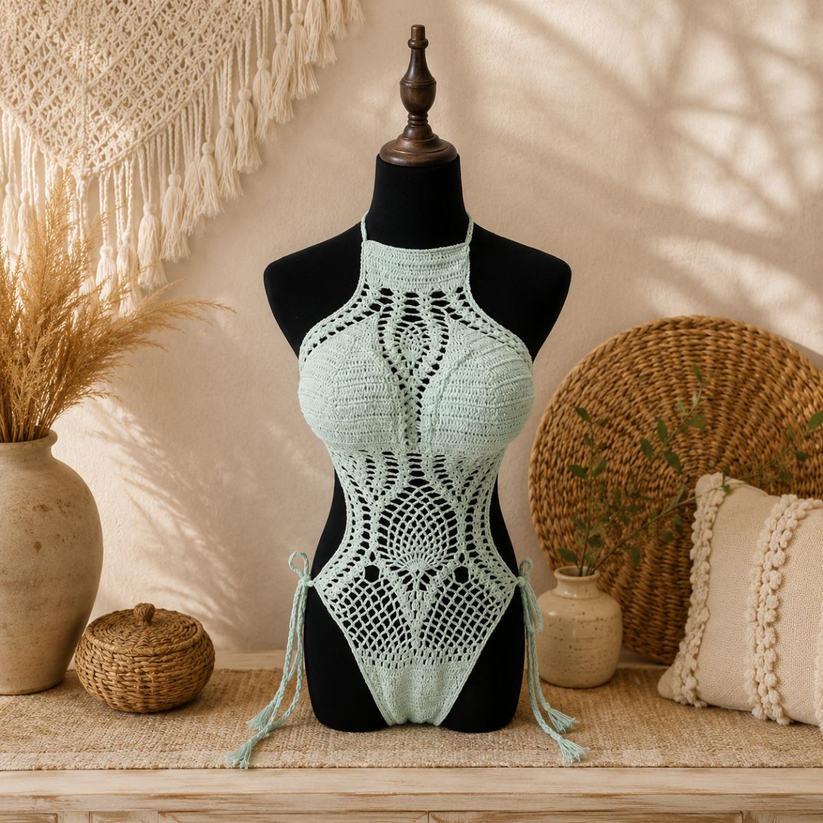 Crochet Cutout One-Piece Swimsuit - Sea Whisper by The Nevermore – Unique Swimsuits for Women by The Nevermore | L Light green