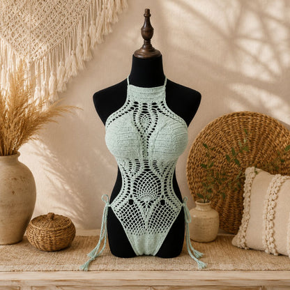 Crochet Cutout One-Piece Swimsuit - Sea Whisper by The Nevermore – Unique Swimsuits for Women by The Nevermore | L Light green