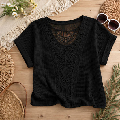Crochet Knit Top - Ivory Breeze by The Nevermore – Unique Blouses by The Nevermore | 3XL Black