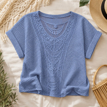 Crochet Knit Top - Ivory Breeze by The Nevermore – Unique Blouses by The Nevermore | 3XL Blue