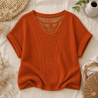 Crochet Knit Top - Ivory Breeze by The Nevermore – Unique Blouses by The Nevermore | 3XL Burnt Orange