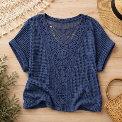 Crochet Knit Top - Ivory Breeze by The Nevermore – Unique Blouses by The Nevermore | L Dark Blue