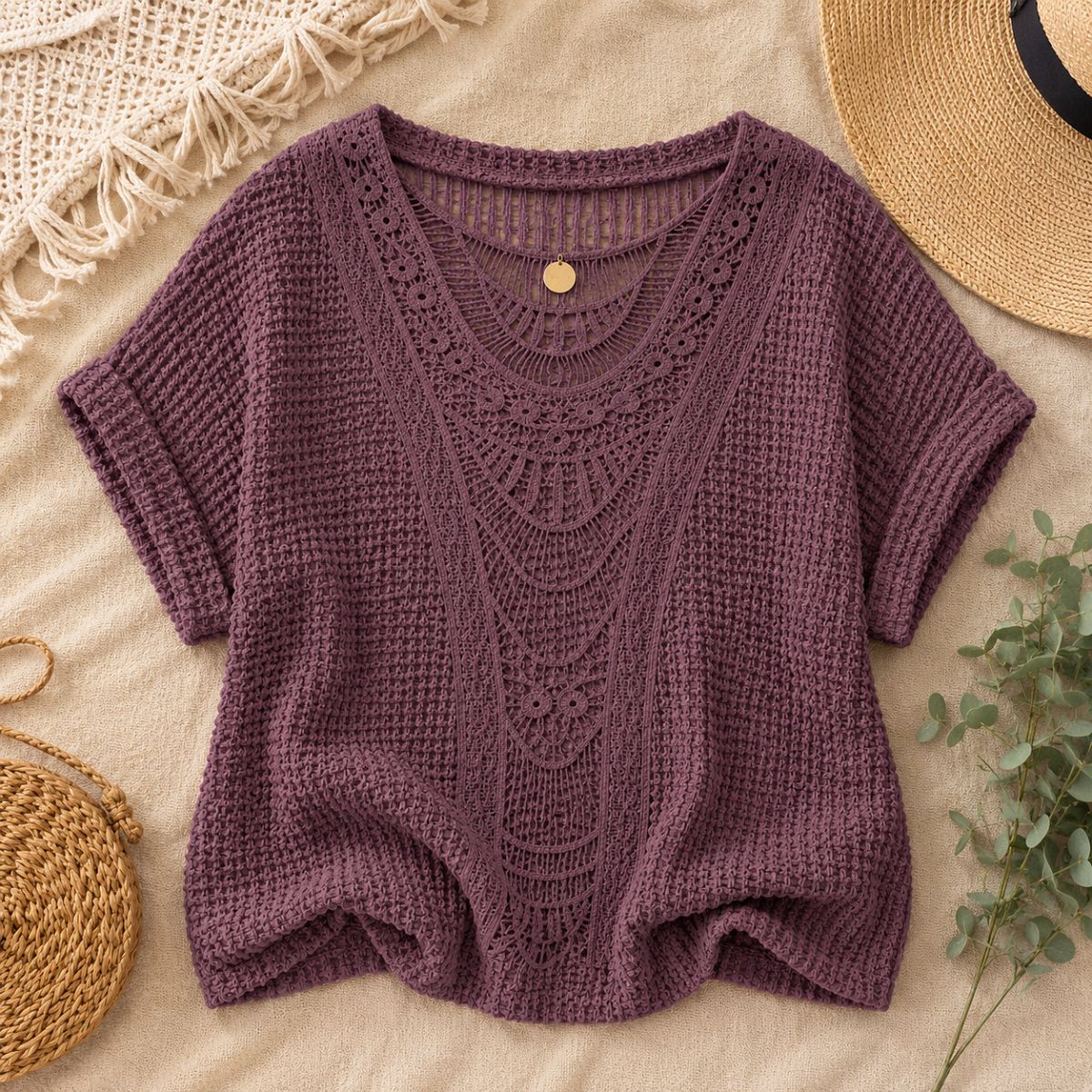 Crochet Knit Top - Ivory Breeze by The Nevermore – Unique Blouses by The Nevermore | 3XL Dusty Purple