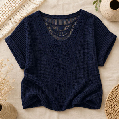 Crochet Knit Top - Ivory Breeze by The Nevermore – Unique Blouses by The Nevermore | 3XL Navy Blue
