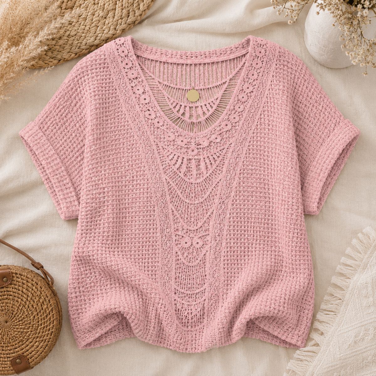 Crochet Knit Top - Ivory Breeze by The Nevermore – Unique Blouses by The Nevermore | 3XL Pink