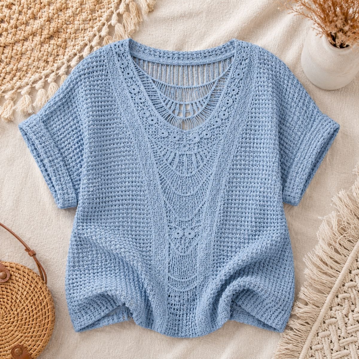 Crochet Knit Top - Ivory Breeze by The Nevermore – Unique Blouses by The Nevermore | L Sky Blue