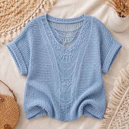 Crochet Knit Top - Ivory Breeze by The Nevermore – Unique Blouses by The Nevermore | L Sky Blue