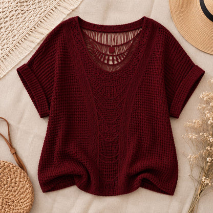 Crochet Knit Top - Ivory Breeze by The Nevermore – Unique Blouses by The Nevermore | 3XL Wine Red