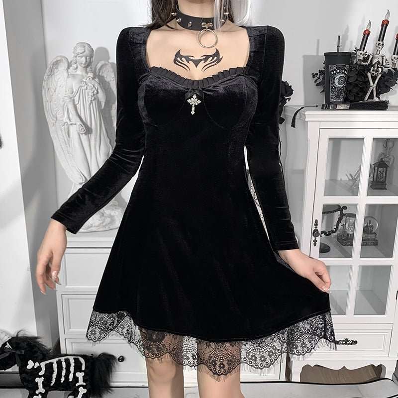 Darcy Vex - The Nevermore Gothic Dress Lace Long Sleeve Square Neck – Unique Gothic Fashion for Women by Nevermore Lifestyle & Tech | L Black