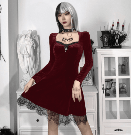 Darcy Vex - The Nevermore Gothic Dress Lace Long Sleeve Square Neck – Unique Gothic Fashion for Women by Nevermore Lifestyle & Tech | L Red