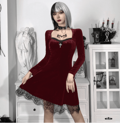 Darcy Vex - The Nevermore Gothic Dress Lace Long Sleeve Square Neck – Unique Gothic Fashion for Women by Nevermore Lifestyle & Tech | L Red