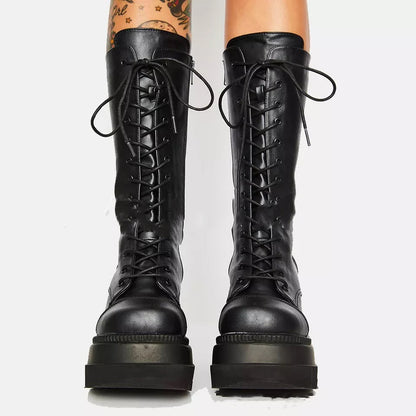 Darklace - Gothic Platform Knight Boots by The Nevermore – Unique Gothic Fashion for Women by Nevermore Lifestyle & Tech | 35 Black lace