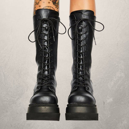 Darklace - Gothic Platform Knight Boots by The Nevermore – Unique Gothic Fashion for Women by Nevermore Lifestyle & Tech | 35 Black lace