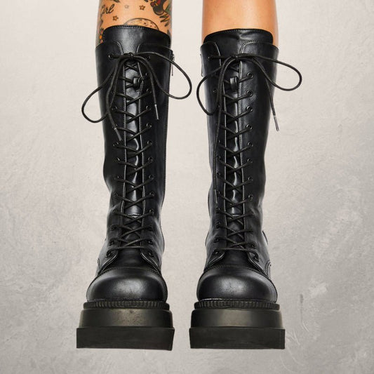 Darklace - Gothic Platform Knight Boots by The Nevermore – Unique Gothic Fashion for Women by Nevermore Lifestyle & Tech | 35 Black lace