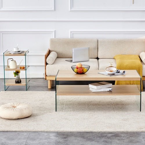Double Layered Rectangular Coffee Table The Board Is Made Of MDF With Wooden Stickers, With Transparent Tempered Glass On Both Side.Suitable For Various Occasions Such As Living Rooms And Bedrooms