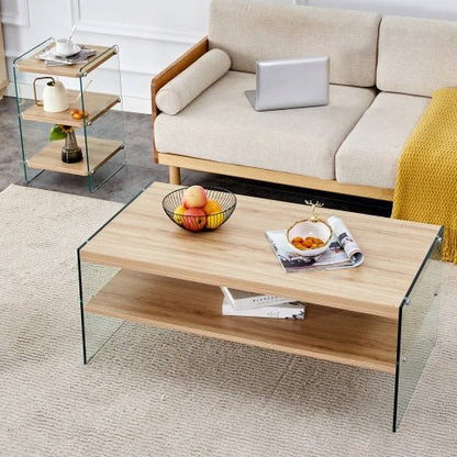 Double Layered Rectangular Coffee Table The Board Is Made Of MDF With Wooden Stickers, With Transparent Tempered Glass On Both Side.Suitable For Various Occasions Such As Living Rooms And Bedrooms
