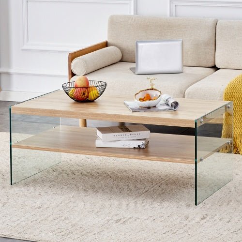 Double Layered Rectangular Coffee Table The Board Is Made Of MDF With Wooden Stickers, With Transparent Tempered Glass On Both Side.Suitable For Various Occasions Such As Living Rooms And Bedrooms
