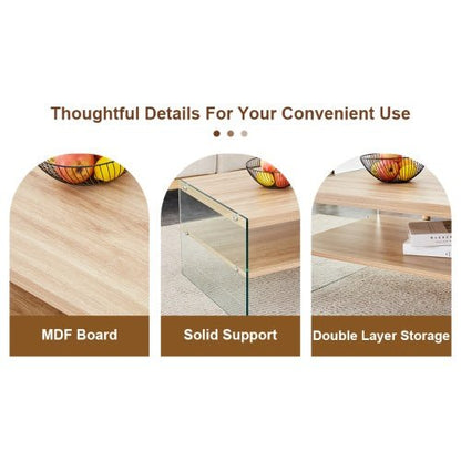 Double Layered Rectangular Coffee Table The Board Is Made Of MDF With Wooden Stickers, With Transparent Tempered Glass On Both Side.Suitable For Various Occasions Such As Living Rooms And Bedrooms