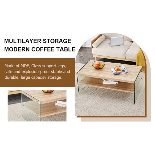 Double Layered Rectangular Coffee Table The Board Is Made Of MDF With Wooden Stickers, With Transparent Tempered Glass On Both Side.Suitable For Various Occasions Such As Living Rooms And Bedrooms
