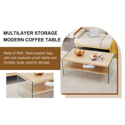 Double Layered Rectangular Coffee Table The Board Is Made Of MDF With Wooden Stickers, With Transparent Tempered Glass On Both Side.Suitable For Various Occasions Such As Living Rooms And Bedrooms